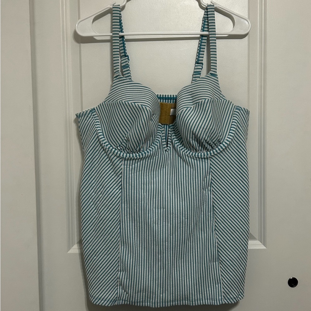 Cacique Swim Balconette Tankini Top 40D Blue White Striped Seersucker Underwire - Picture 2 of 12